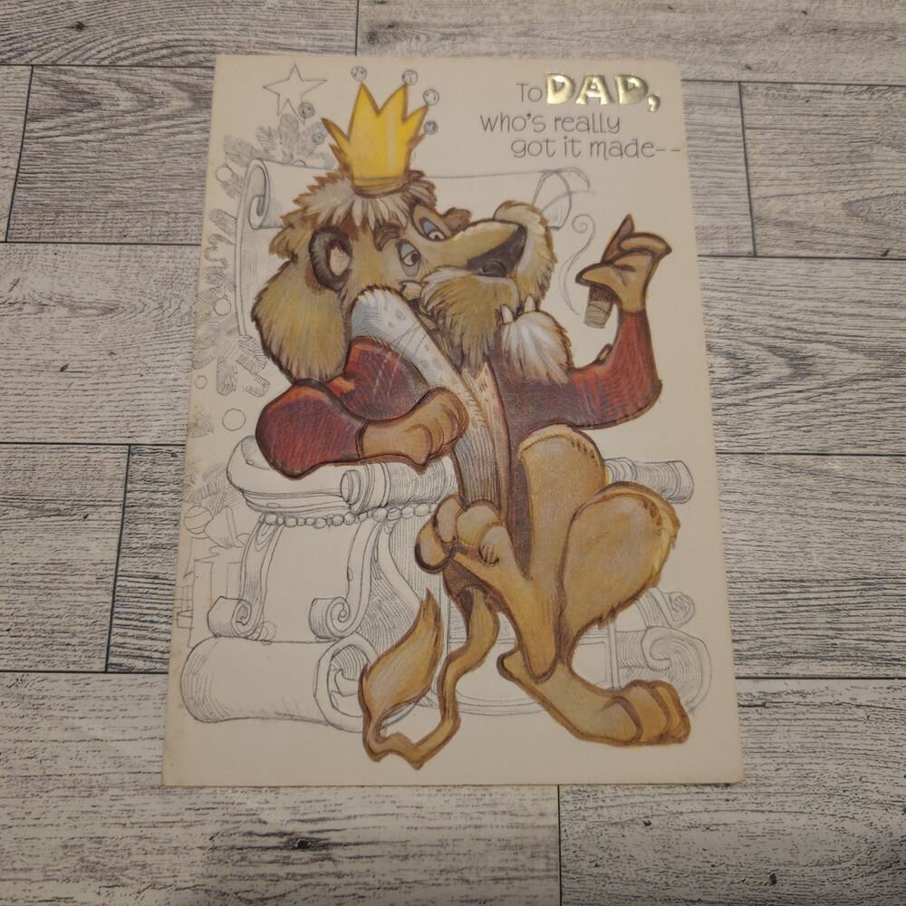 Vintage King Lion Christmas Card Dad Humor Crown Throne No‎ Envelope
